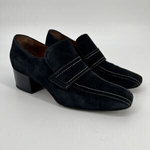 Aquatalia Carmeline Loafer Womens 10 Black Suede Leather Heeled Square Toe Italy